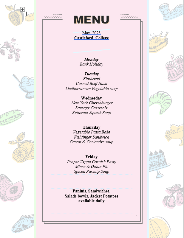 WM: Weekly Menu - Castleford Campus